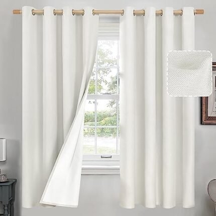 QUEMAS Linen Blackout Curtains for Bedroom 63 Inches Length 2 Panels, Thermal Insulated 100% Light Blocking Curtains for Room Darkening, Soundproof Grommet Window Drapes (52 x 63 Inch, Ivory White)