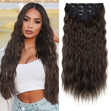 REECHO Clip in Hair Extensions, 5PCS Black Brown Hair Extensions 24" Thick Long Loose Waves hair extensions HE002 Invisible Lace Weft Natural Soft Hairpieces for Women – Black Brown