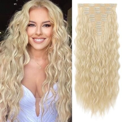 REECHO Hair Extensions, 9PCS Blonde Clip in Hair Extensions 24" Thick Long Mini Mermaid Wave Luxurious Lightweight Japanese Technology HYOUITSU Fiber Invisible Soft Lace Weft - HE009 Natural Blonde