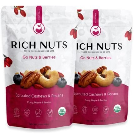 Rich Nuts Go Nuts & Berries Gourmet Sprouted Trail Mix | Includes Cashews, Pecans and Dried Berries | Vegan, Paleo and Keto | Non-Roasted, Dehyrdated, Germinated, Raw and Whole | 5 Oz Bag (2 Pack)