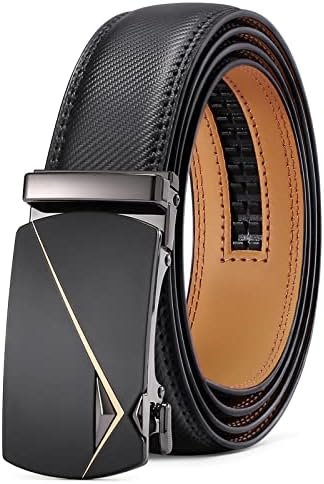 SENDEFN Leather Belt for Men Automatic Ratchet Buckle Slide Dress Casual Belts 1 3/8'' Wide Adjustable Trim to Fit(Black-20)