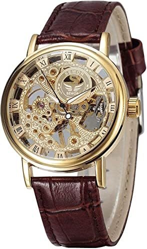 SEWOR Men's Mechanical Skeleton Transparent Vintage Style Leather Wrist Watch