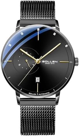 SOLLEN Automatic Watch for Men, Minimalist and Slim Automatic Watches for Men, Waterproof Men's Wrist Watch with Stainless Steel Mesh Strap - 42mm