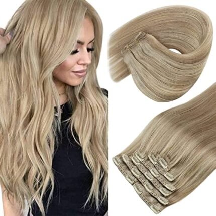 Sunny Clip in Hair Extensions Blonde Clip in Extensions Real Human Hair Blonde Hair Clip Extensions Invisible Clip in Extensions Light Blonde Highlights Golden Blonde Hair Extensions 120g 7pcs 18inch