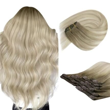 Sunny Clip in Hair Extensions Human Hair Ombre Clip in Real Human Hair Extensions Ash Blonde Ombre Sunkissed Blonde Human Hair Clip in Extensions Ombre Blonde 7Pcs 120G 16inch