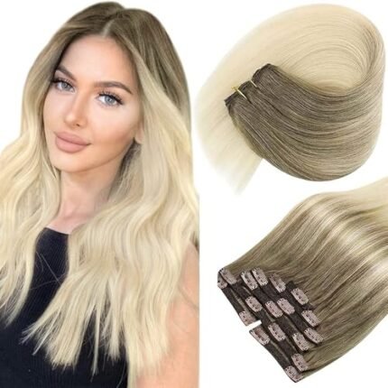 Sunny Ombre Clip in Hair Extensions Real Human Hair Ombre Light Brown to Platinum Blonde Clip in Hair Extensions Real Human Hair Ombre Clip in Hair Extensions Ombre Hair Extensions 7pcs 120g 16inch