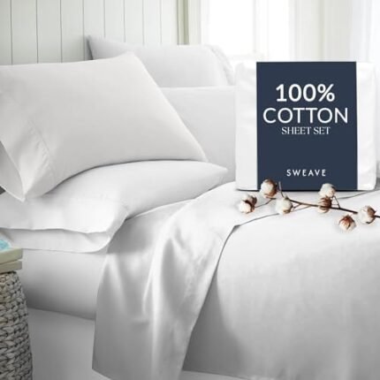 Sweave 100% Cotton Bed Sheets King - Oeko-Tex Certified 415 Thread Count - Luxury Long Staple Cotton, Skin-Friendly, Silky Soft Sateen Weave, 4 PC Deep Pocket Bed Sheets (White)