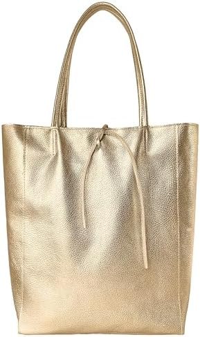 TAKEASY Women's Italian Tote Bag with Zipper Closure from Soft Metallic Genuine Leather for Shopping, Work, Travel