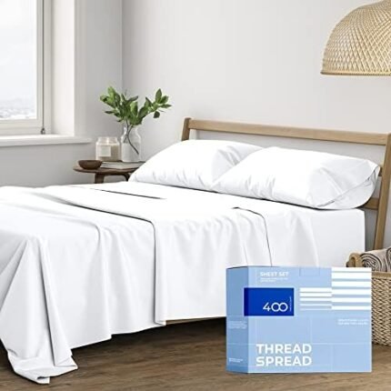 THREAD SPREAD 100% Cotton Sheets for Queen Size Bed - 400 Thread Count 4 Piece Cotton Sheet Set - Soft, Breathable Cooling Sheets - Deep Pocket Queen Bed Sheets - Sateen Weave White Bedsheet (White)