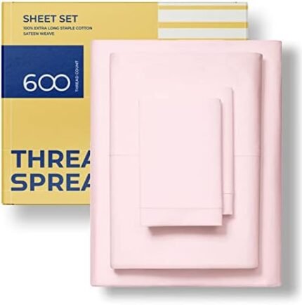 THREAD SPREAD Luxury Sheets 600 Thread Count - Egyptian Cotton Quality Queen Sheet Set - Deep Pocket Fitted Bedding Sheets & Pillow Cases - 4 Pc Soft Breathable Blush Sheets for Boys and Girls