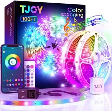 TJOY 100ft Bluetooth LED Strip Lights, Music Sync LED Lights Strip, RGB Color Changing LED Lights with Remote,Smart Phone APP Control, LED Lights for Bedroom,TV,Room DIY (APP+Remote +Mic)