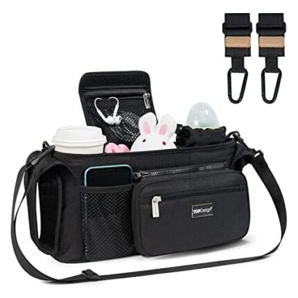 TOPDesign Universal Baby Stroller Organizer, Stroller Caddy with Heightened Insulated Cup Holders & Non-Slip Secure Hooks Accessories, Fits Most Strollers, Machine Washable (Black)