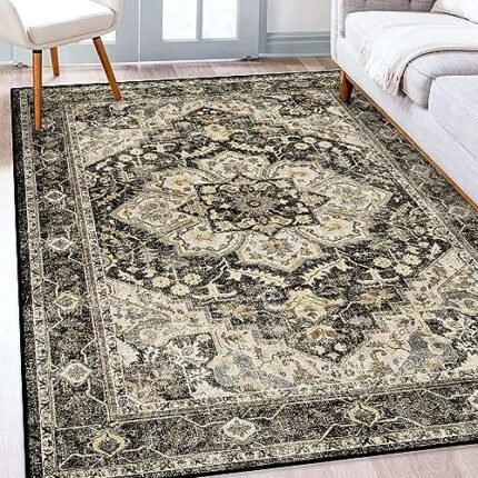 TOPRUUG Washable Oriental Area Rug - 5x8 Rugs for Living Room Soft Carpet for Bedroom Waterproof Floral Distressed Indoor Stain Resistant Non-Shedding Floor Carpets (Black/Grey, 5x8)