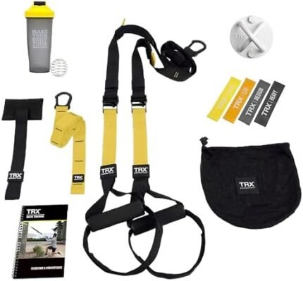 TRX Training All-in-One Suspension Trainer Exercise Equipment Bundle with XMount Wall Anchor, 4 Strength-Exercise Bands, and Shaker Bottle, 10 Items Total