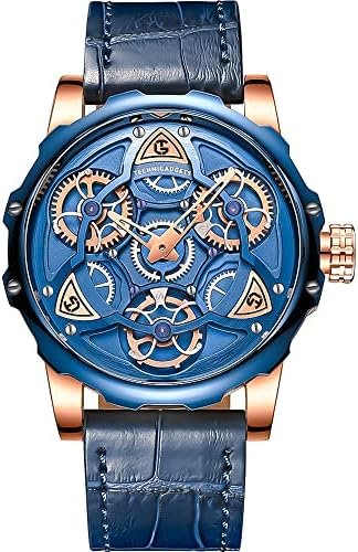 Technigadgets Gustavo Skeleton Men's Watch Steampunk Rotating Wheels Stainless Steel Case Blue Leather Strap Vintage Retro Quartz Wristwatch 30M Waterproof