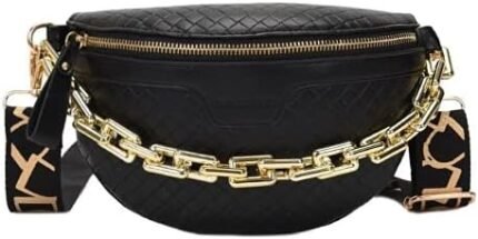 Thick Chain Women's Fanny Pack Plaid leather Waist Bag Shoulder Crossbody Chest Bags Luxury Designer Handbags Female Belt Bag (Black)