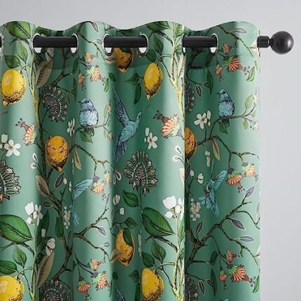 Topfinel Floral Spring Curtains 84 Inches Long Drapes,Vintage French Country Grommet Botanical Hummingbird Woodland Victorian Patterned Sage Green Lemon Drapes for Bedroom Dining Living Room