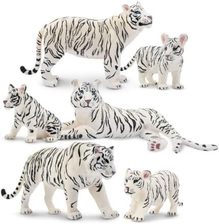 Toymany 6PCS Realistic White Tigers Figurines with Tiger Cubs, 2-6" Jungle Animals Figures Family Set Includes Baby Tigers, Educational Toy Cake Toppers Christmas Birthday Gift for Kids Toddlers