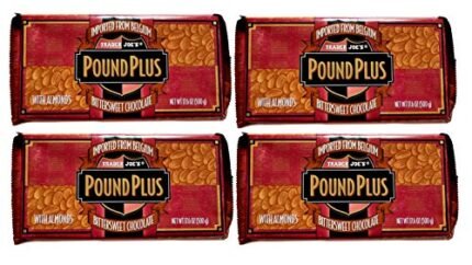 Trader Joe's Pound Plus GIANT Belgian Bittersweet Chocolate with Almonds Bar - 4 Pack (17.6 oz)