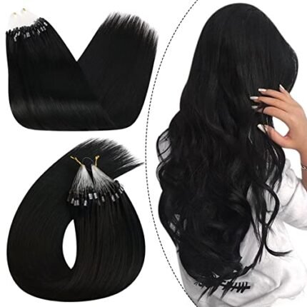 Ugeat Microlink Hair Extensions Human Hair Real Human Hair Extensions Micro Ring Hair Extensions Human Hair Straight Micro Loop Hair Jet Black #1 1g/1strand 50G/50Strands 22 Inch