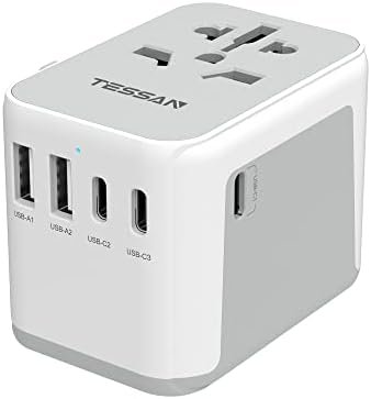 Universal Travel Adapter, TESSAN International Plug Adapter, 5.6A 3 USB C 2 USB A Ports, All-in-one Travel Charger Outlet Converter for Europe UK EU AUS (Type C/G/A/I)