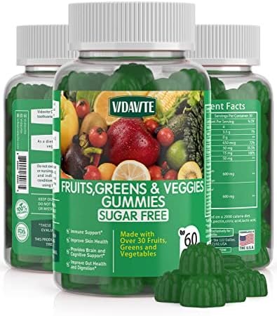 VIDAVITE Sugar-Free Fruit and Veggie Gummies — 35+ Greens, Fruit and Vegetable Vitamins to Boost Immunity, Skin & Gut Health — Ideal Fruit and Vegetable Supplement for Adults & Kids (60 Gummies)