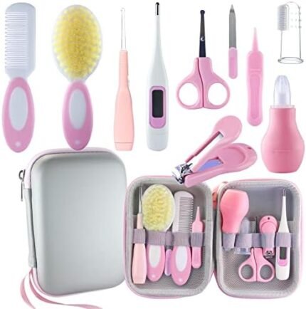 VZAYQUPXY Baby Grooming Kit, Baby Essentials for Newborns, Portable Baby Care Kit, Contains Baby Nail Clippers, Baby Comb, Baby Brush, Baby Ear Wax Removal Tool and More (10 in 1) (Pink)