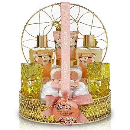 Valentines Day Perfume Set, Bath and Body Gift Basket For Women, 13pc Set of White Rose & Jasmine Cosmetic and Home Spa Set with Bath Bombs, Body Mist, Perfume, Intricate Gold Perfume Holder and More