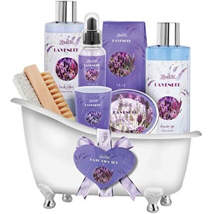 Valentine's Day, Relaxing Lavender Spa Gift Baskets for Women-Girls, Birthday, Bath and Body Set-Kit Includes Candle, Essential Oil, Body Scrub, Bath Salt, Body Lotion, Shower Gel and Body Scrub Brush