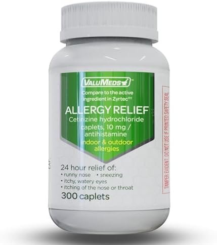 ValuMeds 24-Hour Allergy Medicine (300-Count) Antihistamine for Pollen, Hay Fever, Dry, Itchy Eyes, Allergies | Cetirizine HCl 10mg Caplets, Compare to Zyrtec