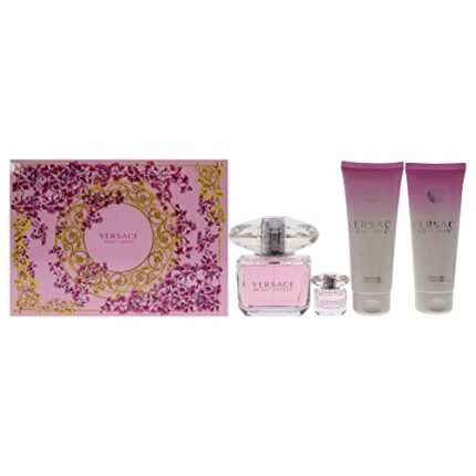 Versace Versace Bright Crystal 3oz EDT Spray, 3.4oz Perfumed Body Lotion, 3.4oz Perfumed Bath and Shower Gel, 5ml EDT Splash Mini Women 4 Pc Gift Set, Packaging May Vary