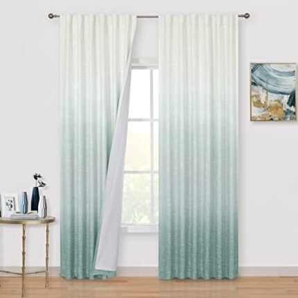 Vision Home Aqua Blue Ombre Full Blackout Curtain Panels Two Tone Room Darkening Curtains for Living Room Bedroom Cream White and Turquoise Window Treatment Set Rod Pocket Back Tabs 50" Wx84 Lx2