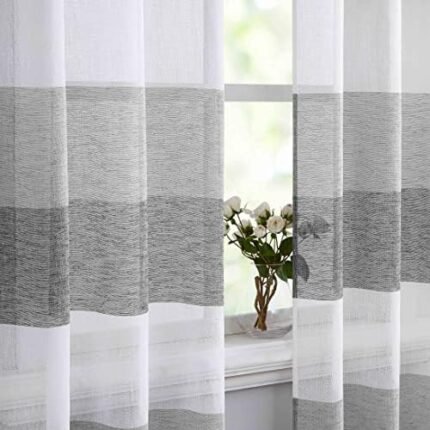 Vision Home Grey and Charcoal Stripe Window Curtains Panels Color Block Farmhouse Sheer Curtains 84 inch Length Linen Rustic Light Filtering Drapes for Living Room Rod Pocket,40" Wx84 Lx2