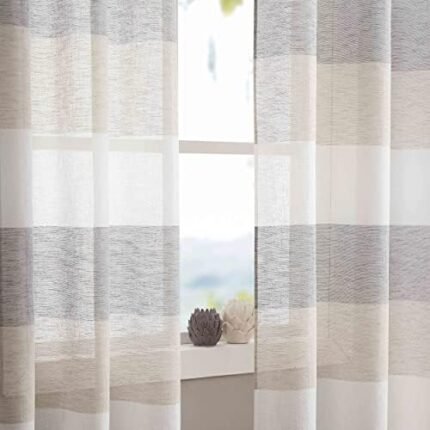 Vision Home Grey and Tan Stripe Window Curtains Panels Color Block Farmhouse Sheer Curtains 84 inch Length Linen Rustic Light Filtering Drapes for Living Room Rod Pocket,40" Wx84 Lx2,Pattern Match