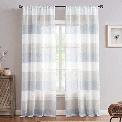 Vision Home Stripe Sheer Curtains Grey and Smoke Blue Color Block Linen Farmhouse Window Panels 84 inch Rustic Light Filtering Drapes for Living Room Bedroom Rod Pocket,40" Wx84 Lx2