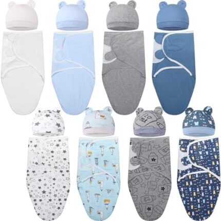 VitalCozy 8 Pack Preemie Swaddle Blanket Wrap with Hat Set for 0-6 Months Cotton Newborn Swaddle Wrap Preemie Hats Wearable Premature Receiving Blankets Preemie Cap for Newborn Boys Girls (Boy)