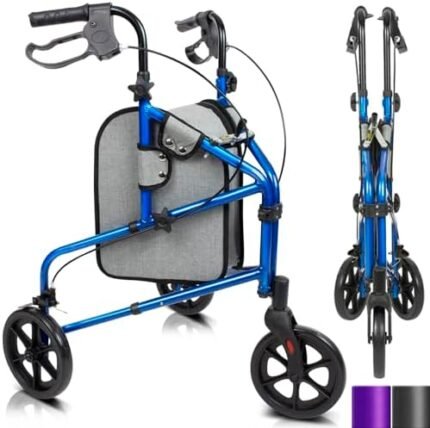 Vive Mobility 3 Wheel Walker - Three Wheeled Rollator for Seniors - Lightweight, Foldable, Narrow, Heavy Duty - for Elderly Men Women - Folding 3-Wheel Tri Scooter with Basket Bag (FSA HSA Approved)