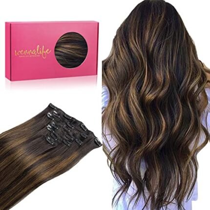 WENNALIFE 14 Inch Clip-In Balayage Hair Extensions - 120g Real Human Hair, Dark Brown to Chestnut Brown Color