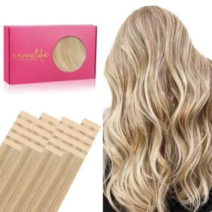 WENNALIFE Tape in Hair Extensions Human Hair, 20pcs 50g 18 inch Light Blonde Highlighted Golden Blonde Remy Hair Extensions Straight Human Hair Tape in Extensions Skin Weft Tape Extensions Human Hair