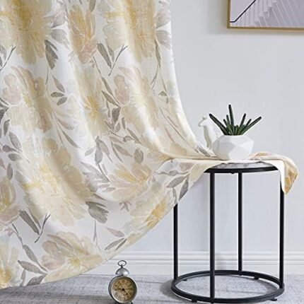 WEST LAKE Floral Curtains Yellow Gray Flower Leaf Linen Rayon Semi-Sheer Farmhouse Botanical Curtains 84 Inch Long Light Filtering Drapes Grommet Top Window Treatments for Bedroom Balcony W52xL84x2