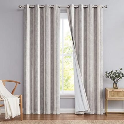 WEST LAKE Full Blackout Curtain Panel Grey Beige Vertical Stripe Window Treatment Grommets Thermal Insulated Noise Reducing 100 Blackout Drape for Living Room, Bedroom, 50"Wx84"L, 2 Panel, Gray/White