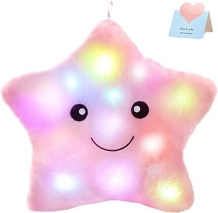 WEWILL 9'' LED Twinkle Star Soft Plush Pillow Toys Glowing Stuffed Star Light up Pillow Plush with Colorful Night Lights Birthday for Toddler Kids(Pink)