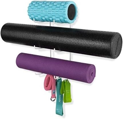 Wallniture Guru Wall Mount Yoga Mat Home Gym Equipment Resistance Bands and Foam Roller Holder with 3 Hooks 3 Sectional Metal White