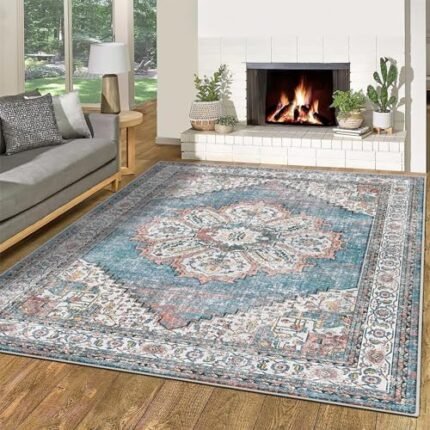 Washable Living Room Area Rug - 8x10 Large Bedroom Rug Distressed Oriental Non-Slip Non-Shedding Print Floor Carpet for Dining Room Kitchen (Blue, 8 x 10)