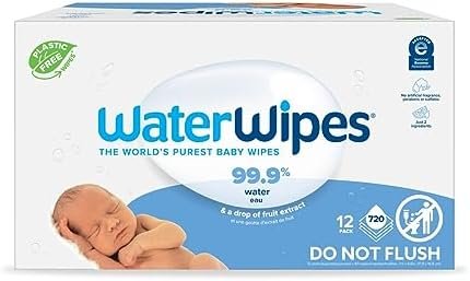 WaterWipes Plastic-Free Original Baby Wipes, 99.9% Water Based Wipes, Unscented & Hypoallergenic for Sensitive Skin, 60 Count (Pack of 12), Packaging May Vary