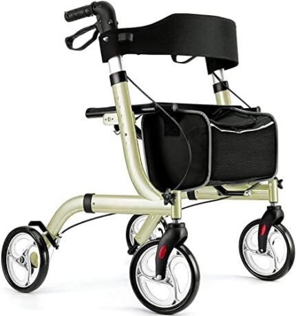 WinloveRollator Walker for Seniors-Folding,with Seat and Four 8-inch Wheels-Medical Rollator Walker with Thick Backrest-Lightweight Aluminium Frame and Basket, Champagne