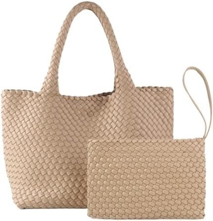 Woven Tote Bag for Women, Vegan Leather Handwoven Bags with Small Handmade Purse, Large Travel Braided Top Handle Handbags