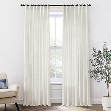 XTMYI Linen Cotton Farmhouse Curtains for Living Room Bedroom 84 Inches Long Two Sheer Hook Belt Pleated Back Tab Birch Off White Ivory Neutral Boho Sour Cream Curtain Drapes 84 Length 2 Panels Set