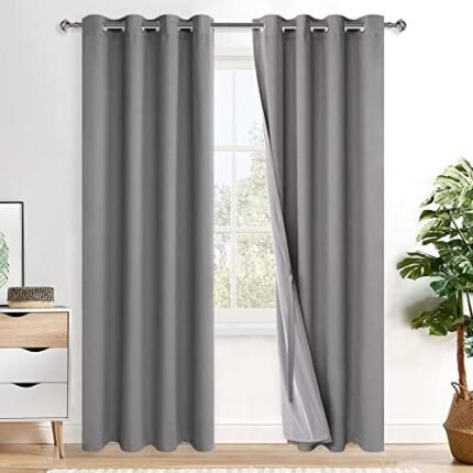 XWZO 100% Blackout Curtains 84 Inches Long with Tiebacks- Privacy Protection & Noise Blocking Window Draperies Grommet Top with Black Liner for Bedroom/Living Room, Light Grey, W52 x L84, Set of 2