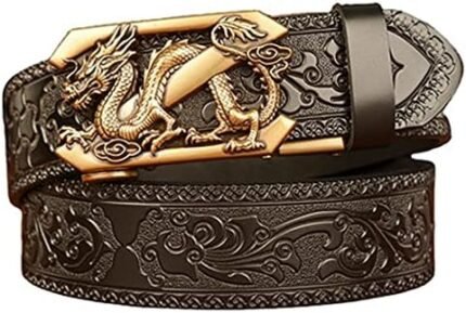 YIYIDANGSHI Men's Leather Ratchet Belt Ethnic Retro Personality Pattern Business Casual Belt for Men Black (dragon 1 Black)